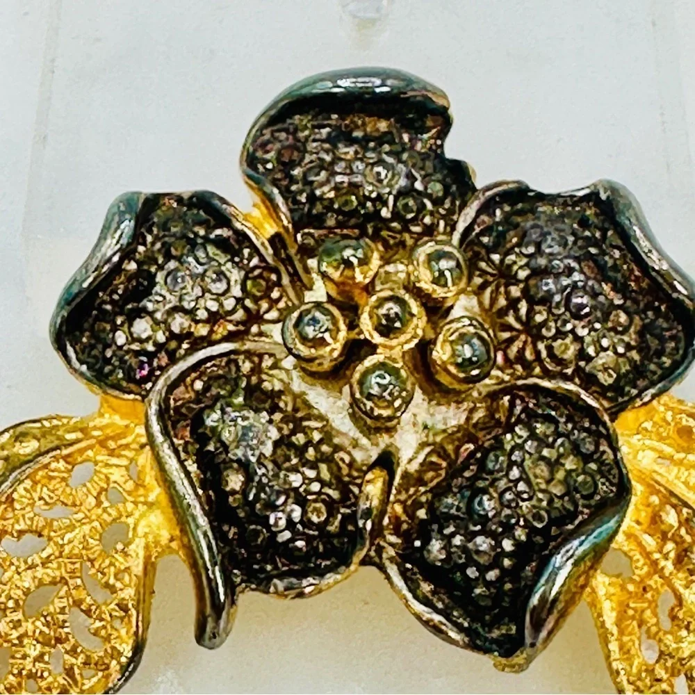 Flower Brooch Pin Gold Tone and Gunmetal Burnished Finish Ribbon Bow Romantic